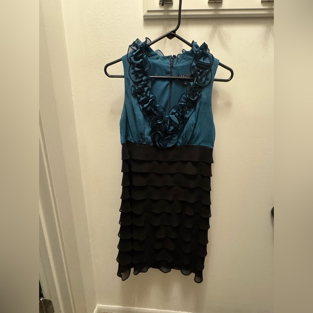 Teal and Black Ruffle Cocktail Dress. Size 8